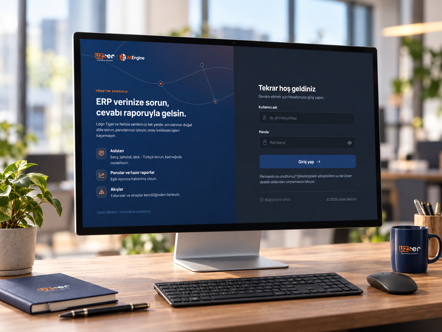 Uzser AI Engine sign-in: a question on ERP data, a ready report and a flow